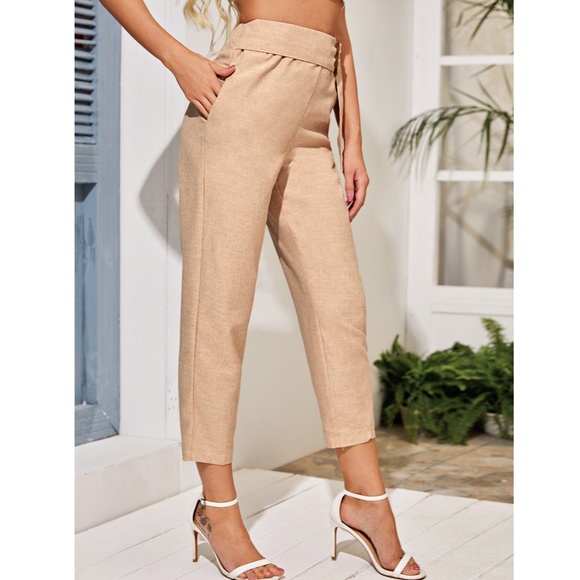 Beige Color Straight Leg Cropped Summer Pants - Picture 7 of 8